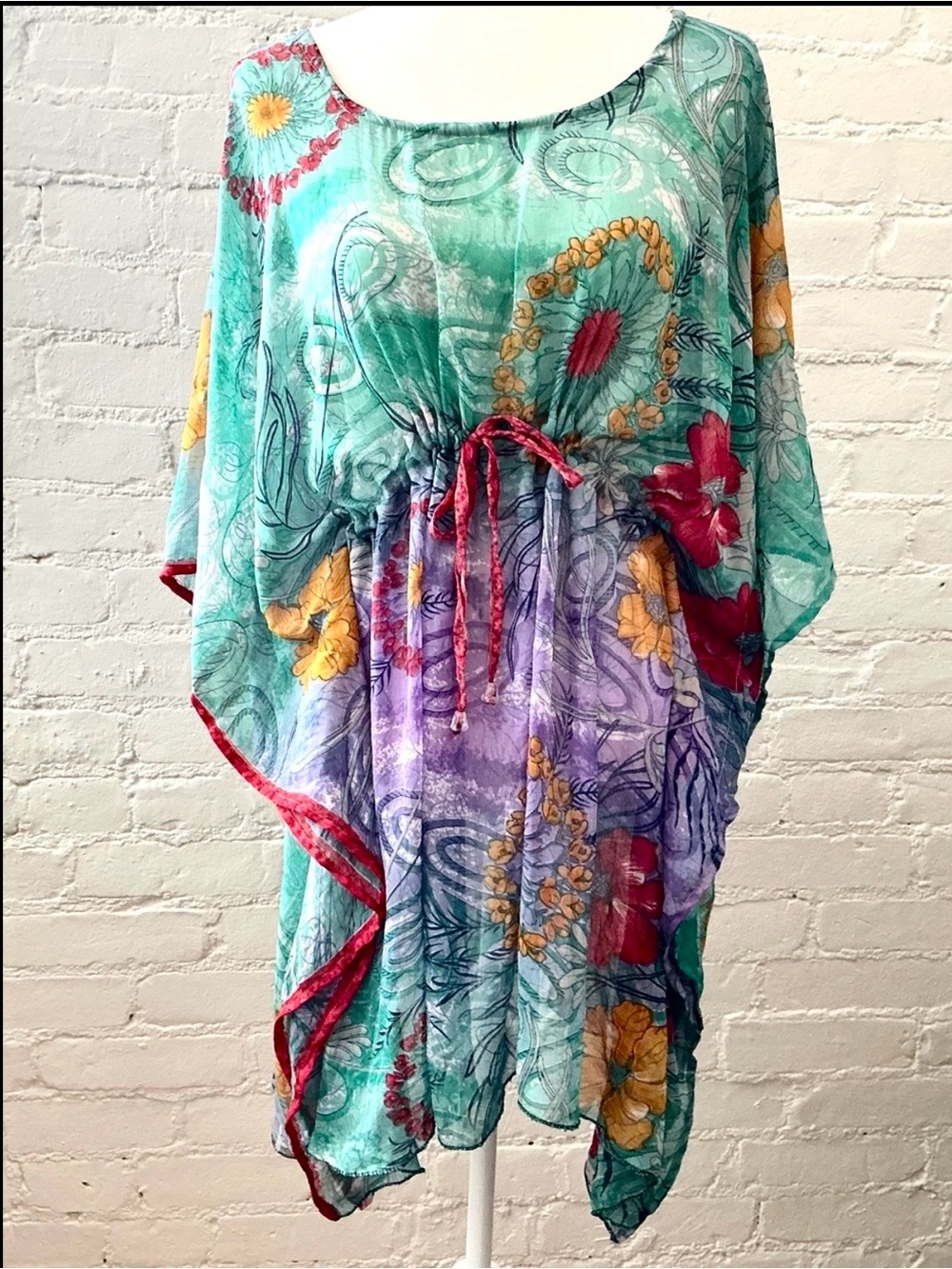 Boho Semi Sheer Tunic Colorful Floral Print Kaftan Top Drawstring Waist OS